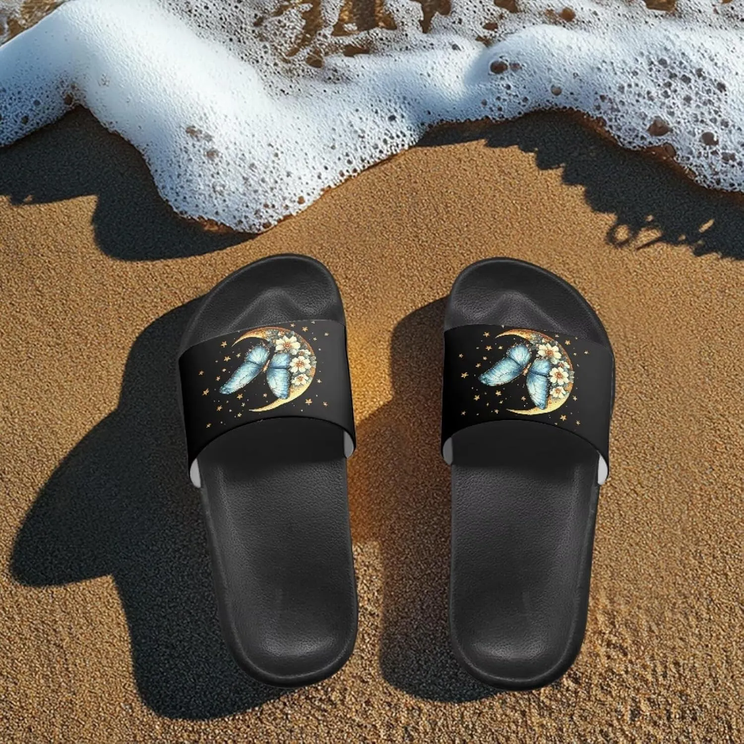 Women's Butterfly Hummingbird Dragonfly Print Shower Slide Slippers Beach Flat Sandals House Shoes