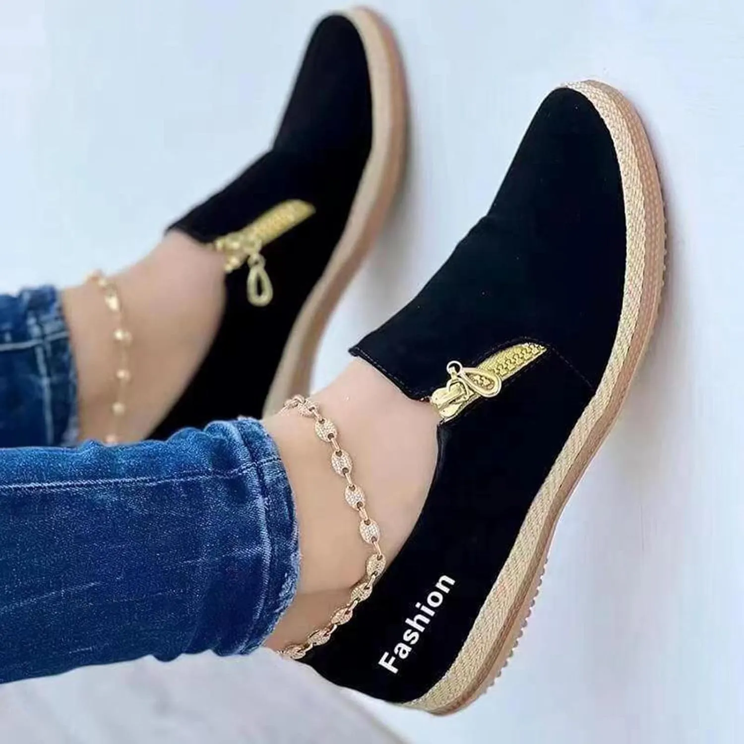 Womens Canvas Shoes Summer Fashion Casual Round Toe Closed Toe Zipper Platform Sole Hemp Rope Shoes Solid Color Lightweight Comfy Walking Shoes Loafers
