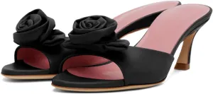 Women's Chic Flowers Round Open Toe High Heel Slide Sandals Slip On Kitten Heel Summer Mules Prom Party Wedding High Heeled Sandals for Women