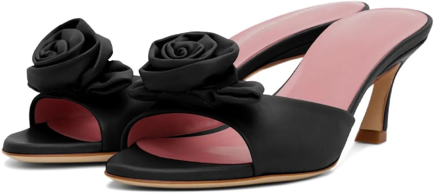 Women's Chic Flowers Round Open Toe High Heel Slide Sandals Slip On Kitten Heel Summer Mules Prom Party Wedding High Heeled Sandals for Women