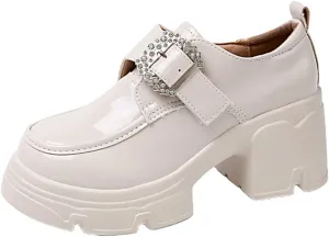 Women's Chunky Heel Platform Loafers with Chain Detail Patent Leather Black Penny Loafers Fashion Office Shoes School Dress Shoes Comfortable Slip-ons