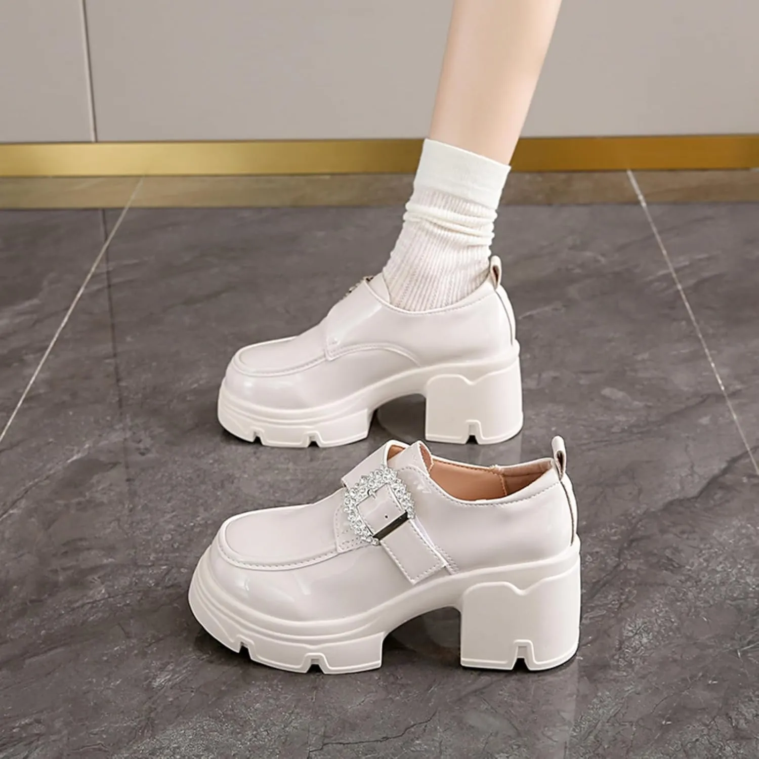 Women's Chunky Heel Platform Loafers with Chain Detail Patent Leather Black Penny Loafers Fashion Office Shoes School Dress Shoes Comfortable Slip-ons