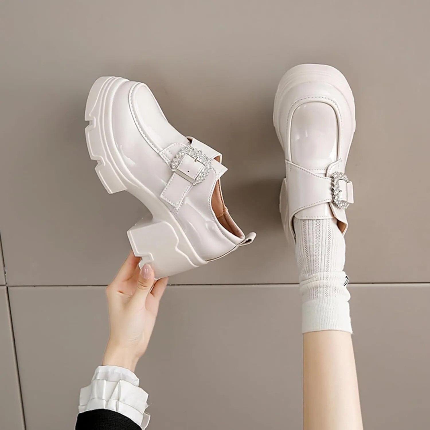 Women's Chunky Heel Platform Loafers with Chain Detail Patent Leather Black Penny Loafers Fashion Office Shoes School Dress Shoes Comfortable Slip-ons