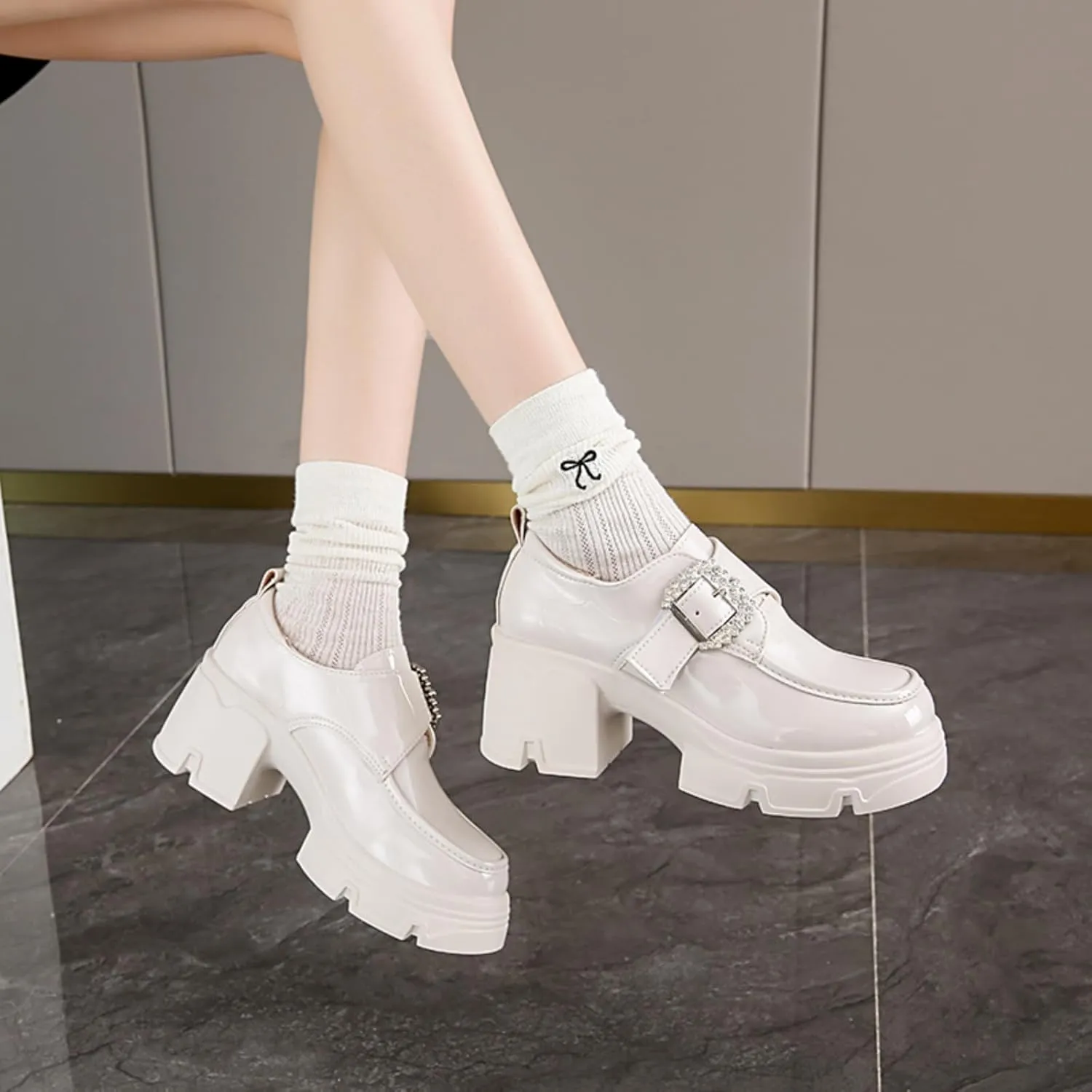 Women's Chunky Heel Platform Loafers with Chain Detail Patent Leather Black Penny Loafers Fashion Office Shoes School Dress Shoes Comfortable Slip-ons