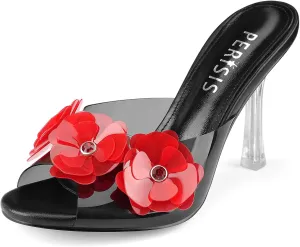 Women's Clear Strap High Kitten Transparent Heel Black Red Floral Heels Sexy Slip On Round Open Peep Toe Rhinestone Mules Slide Sandals Summer Backless Party Prom Dress Shoes 3 Inch