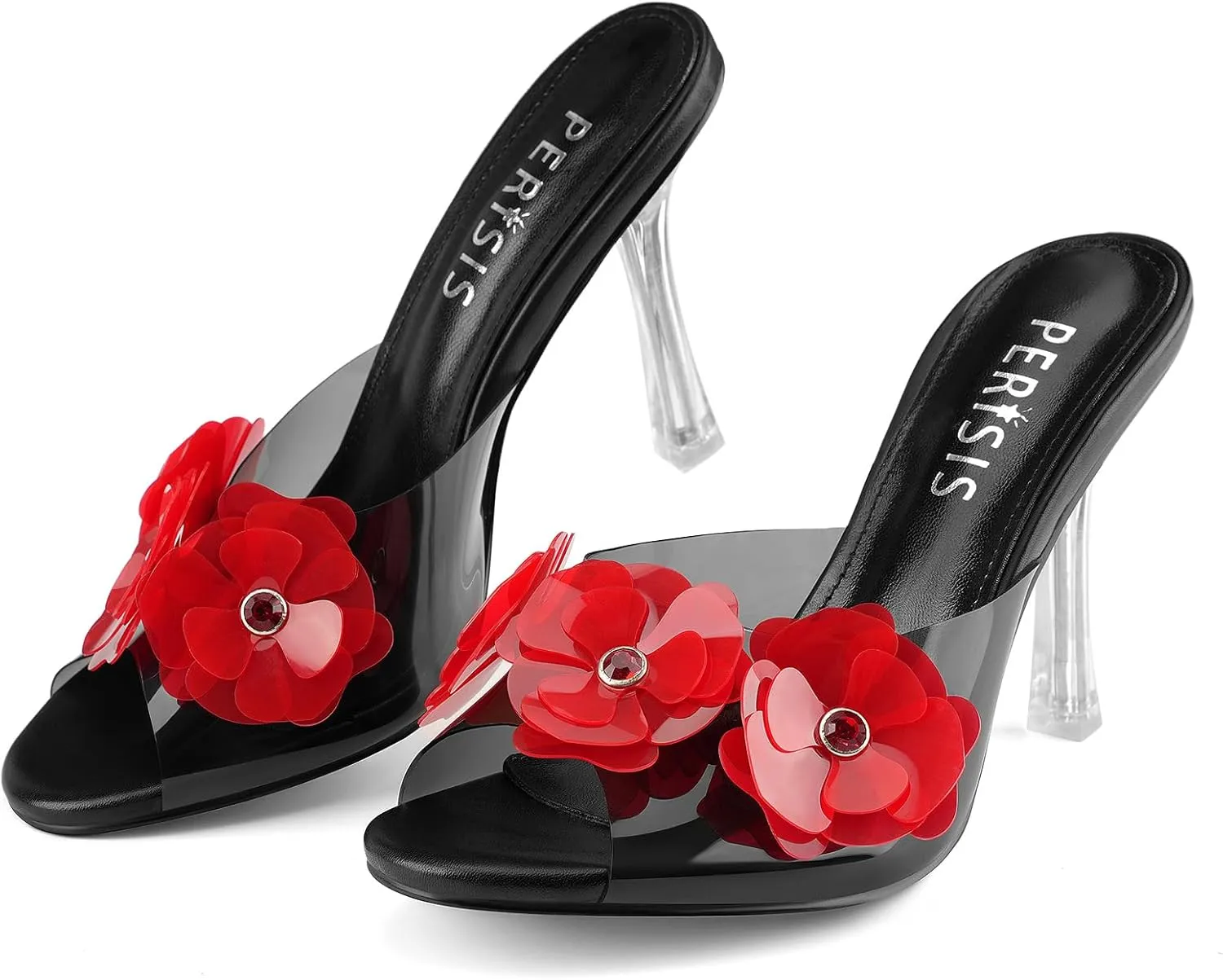 Women's Clear Strap High Kitten Transparent Heel Black Red Floral Heels Sexy Slip On Round Open Peep Toe Rhinestone Mules Slide Sandals Summer Backless Party Prom Dress Shoes 3 Inch