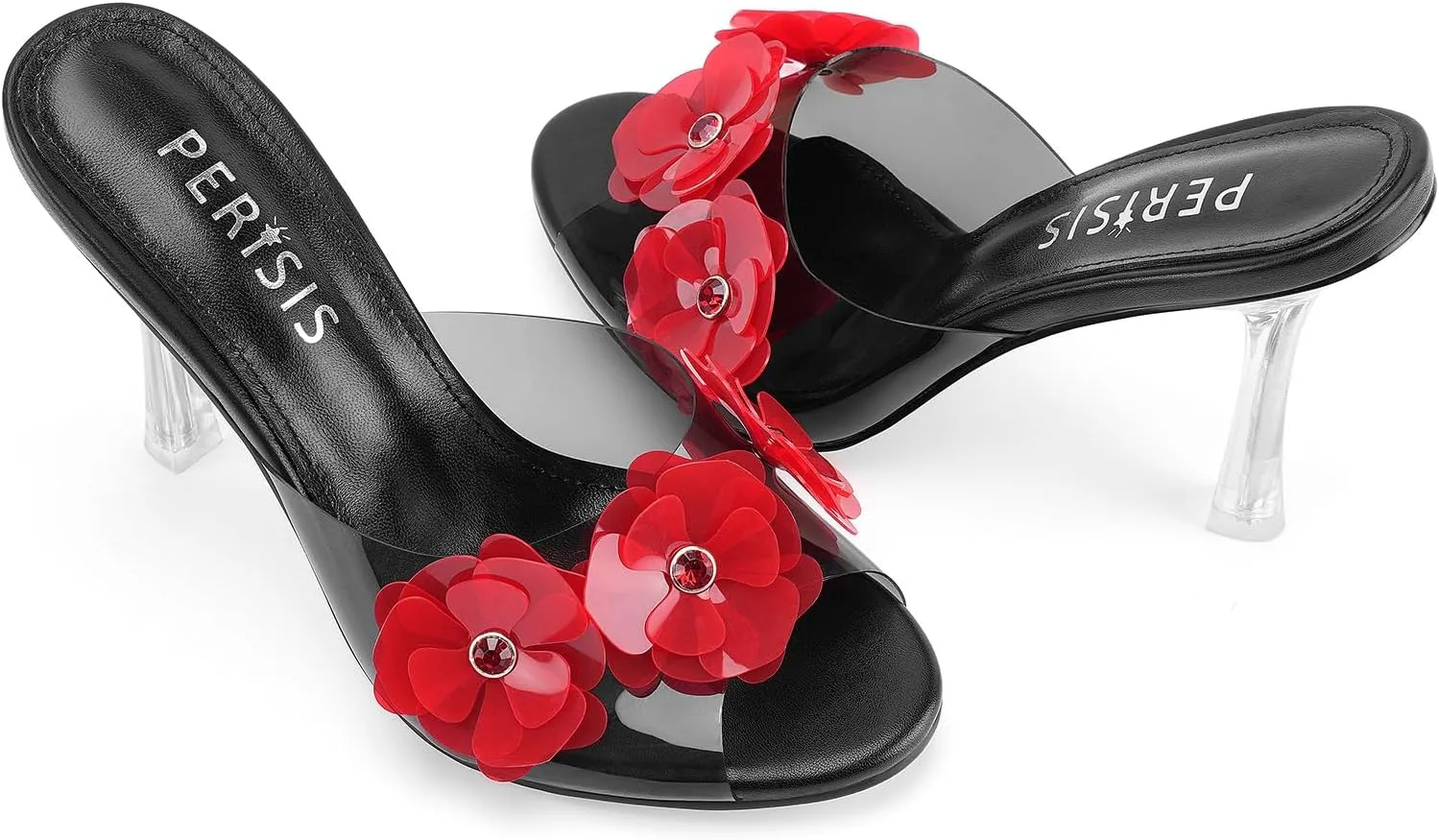 Women's Clear Strap High Kitten Transparent Heel Black Red Floral Heels Sexy Slip On Round Open Peep Toe Rhinestone Mules Slide Sandals Summer Backless Party Prom Dress Shoes 3 Inch