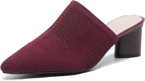 Women's Closed Pointed Toe Chunky Heel Stretch Knit Mules Comfortable Mesh Breathable Slip On Block Heel Slingback Pumps Mules Lightweight Non Slip Fashion Party Dress Slippers