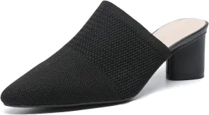 Women's Closed Pointed Toe Chunky Heel Stretch Knit Mules Comfortable Mesh Breathable Slip On Block Heel Slingback Pumps Mules Lightweight Non Slip Fashion Party Dress Slippers