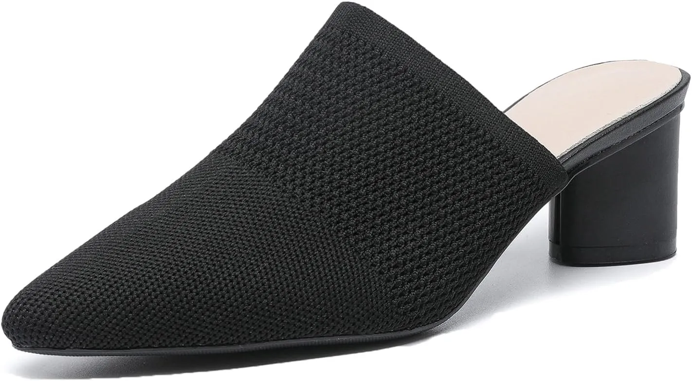Women's Closed Pointed Toe Chunky Heel Stretch Knit Mules Comfortable Mesh Breathable Slip On Block Heel Slingback Pumps Mules Lightweight Non Slip Fashion Party Dress Slippers