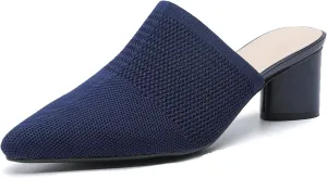 Women's Closed Pointed Toe Chunky Heel Stretch Knit Mules Comfortable Mesh Breathable Slip On Block Heel Slingback Pumps Mules Lightweight Non Slip Fashion Party Dress Slippers
