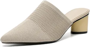 Women's Closed Pointed Toe Chunky Heel Stretch Knit Mules Comfortable Mesh Breathable Slip On Block Heel Slingback Pumps Mules Lightweight Non Slip Fashion Party Dress Slippers