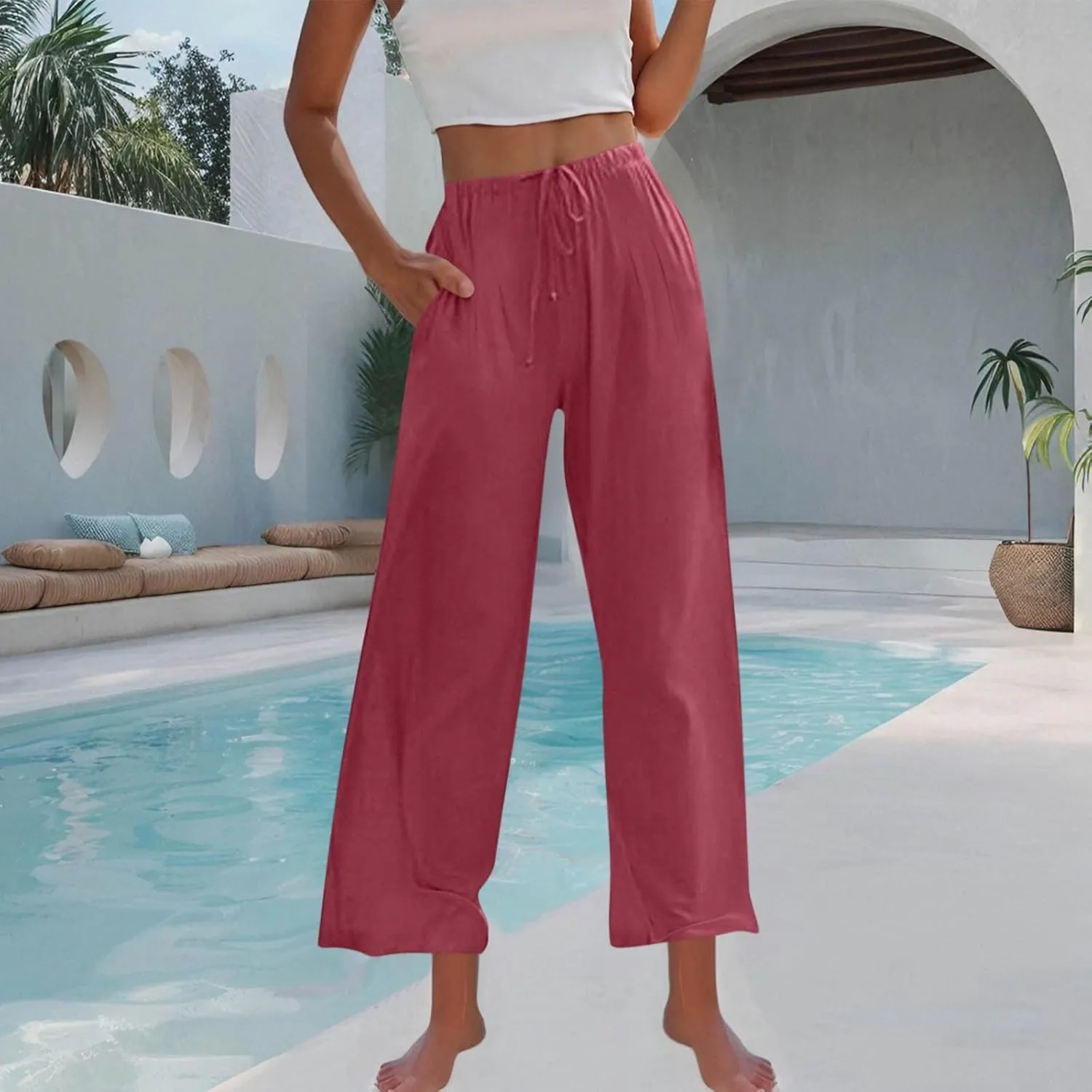 Women's Cotton Linen Pants Summer Drawstring Palazzo Pants Flowy Wide Leg Pants Beach Vacation Clothes with Pockets