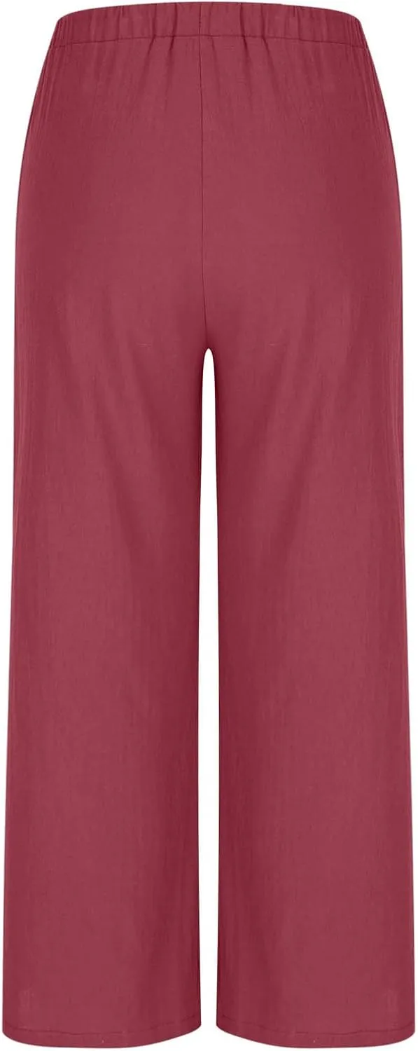 Women's Cotton Linen Pants Summer Drawstring Palazzo Pants Flowy Wide Leg Pants Beach Vacation Clothes with Pockets