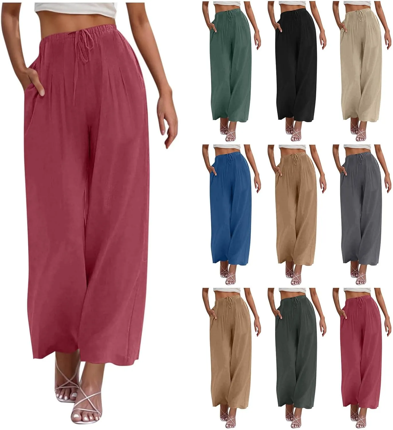 Women's Cotton Linen Pants Summer Drawstring Palazzo Pants Flowy Wide Leg Pants Beach Vacation Clothes with Pockets