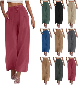Women's Cotton Linen Pants Summer Drawstring Palazzo Pants Flowy Wide Leg Pants Beach Vacation Clothes with Pockets