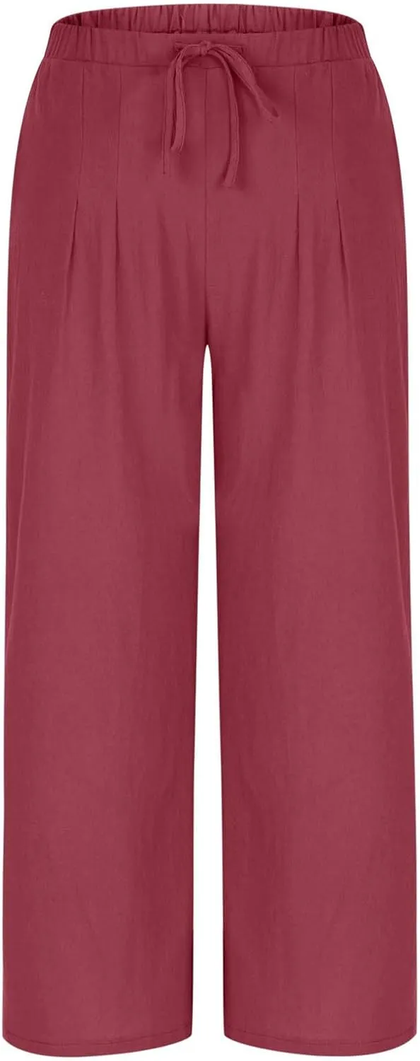 Women's Cotton Linen Pants Summer Drawstring Palazzo Pants Flowy Wide Leg Pants Beach Vacation Clothes with Pockets