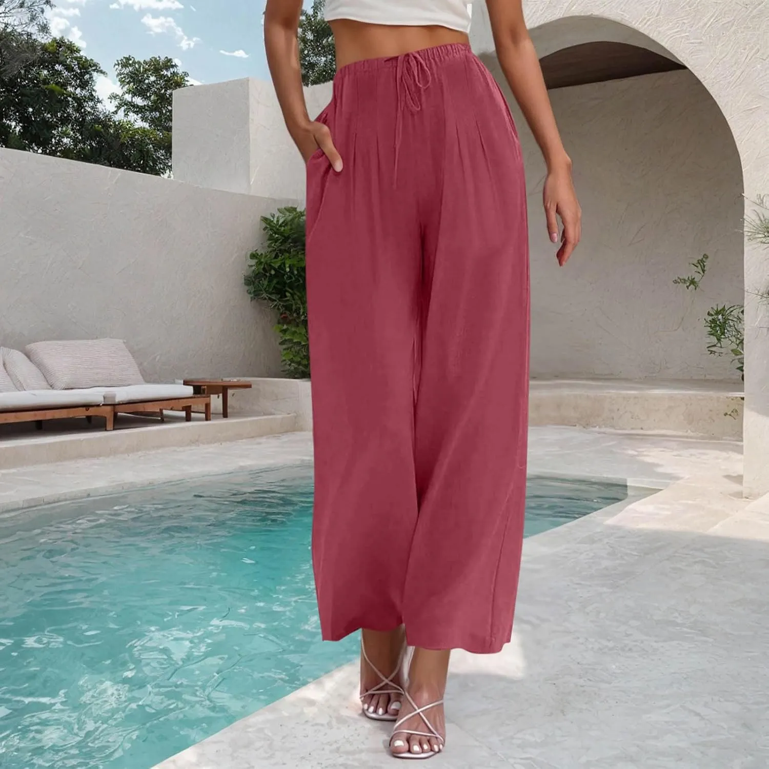 Women's Cotton Linen Pants Summer Drawstring Palazzo Pants Flowy Wide Leg Pants Beach Vacation Clothes with Pockets