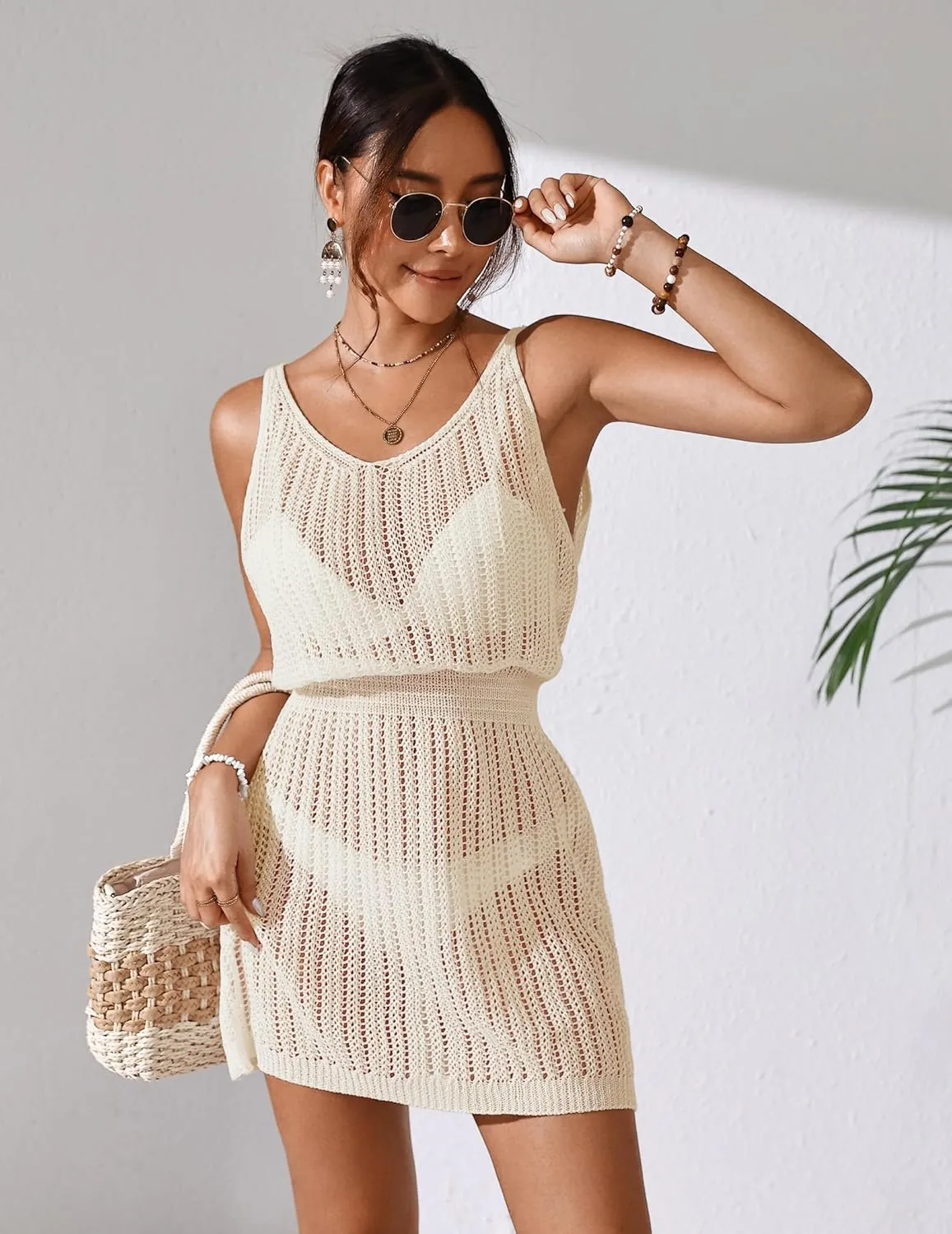 Womens Crochet Knit Waist Cinched Beach Coverup Mini Dress Summer 2025 Backless V Neck Bathing Suit Cover Up