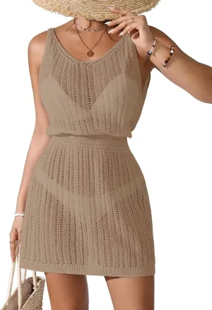 Womens Crochet Knit Waist Cinched Beach Coverup Mini Dress Summer 2025 Backless V Neck Bathing Suit Cover Up