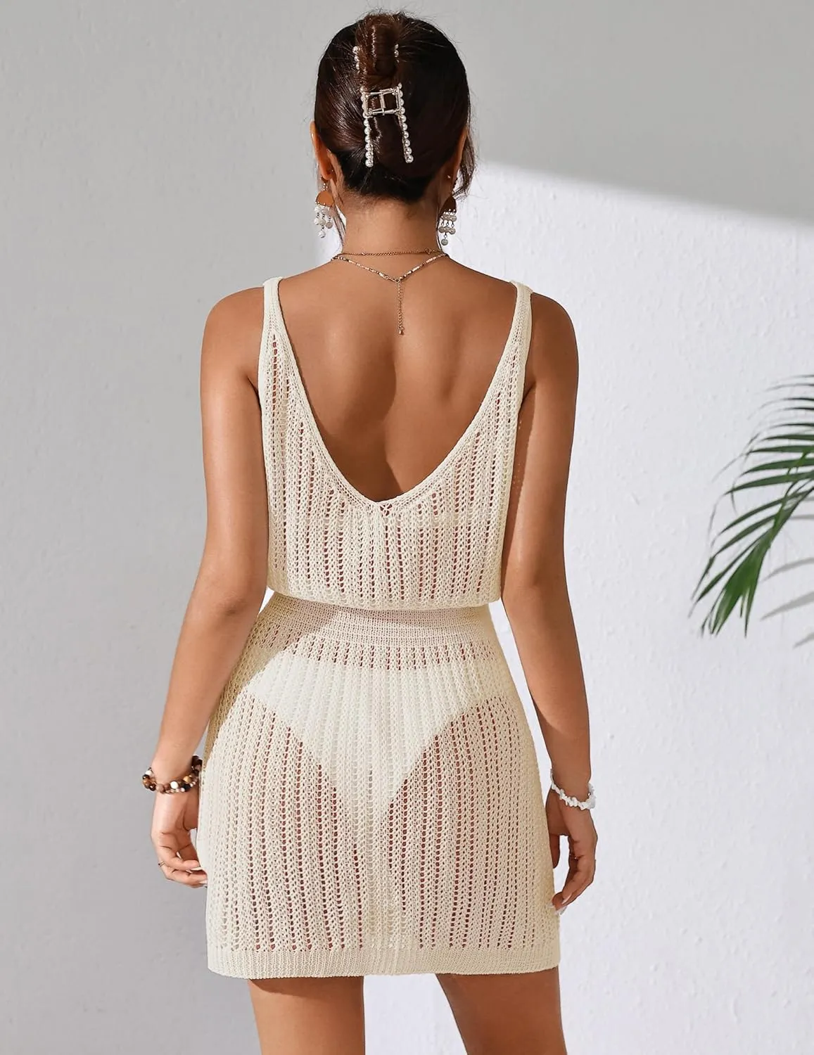 Womens Crochet Knit Waist Cinched Beach Coverup Mini Dress Summer 2025 Backless V Neck Bathing Suit Cover Up