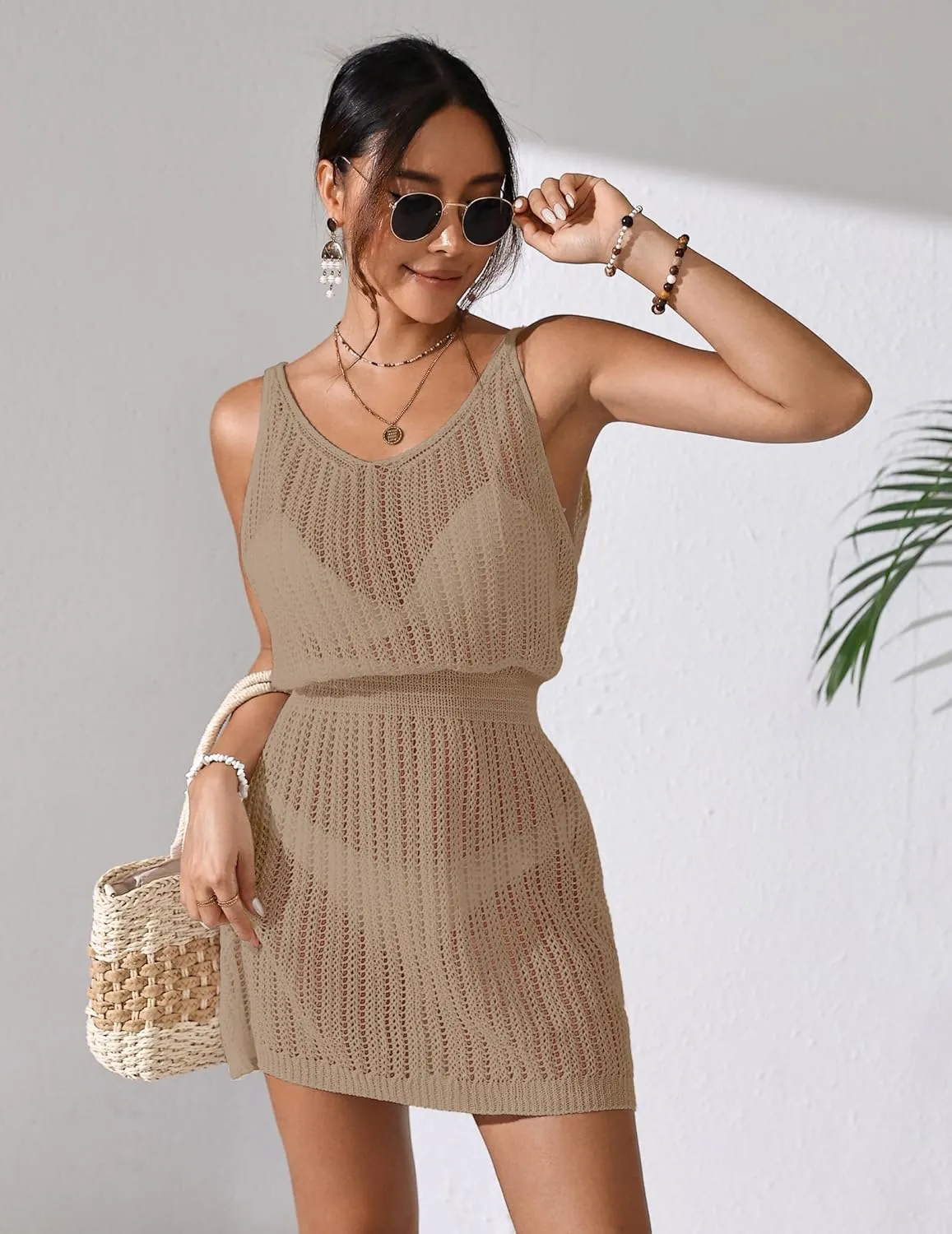 Womens Crochet Knit Waist Cinched Beach Coverup Mini Dress Summer 2025 Backless V Neck Bathing Suit Cover Up