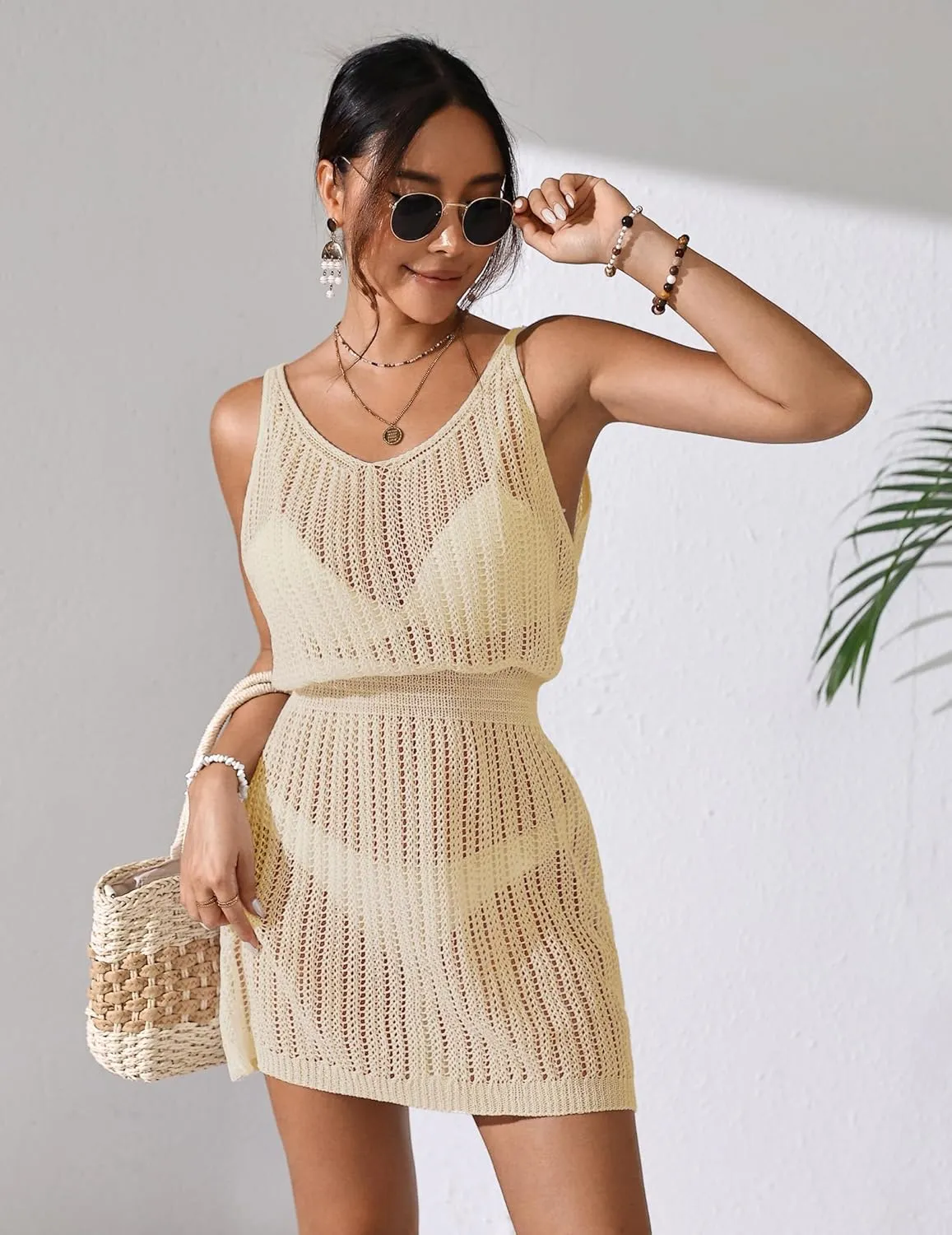 Womens Crochet Knit Waist Cinched Beach Coverup Mini Dress Summer 2025 Backless V Neck Bathing Suit Cover Up