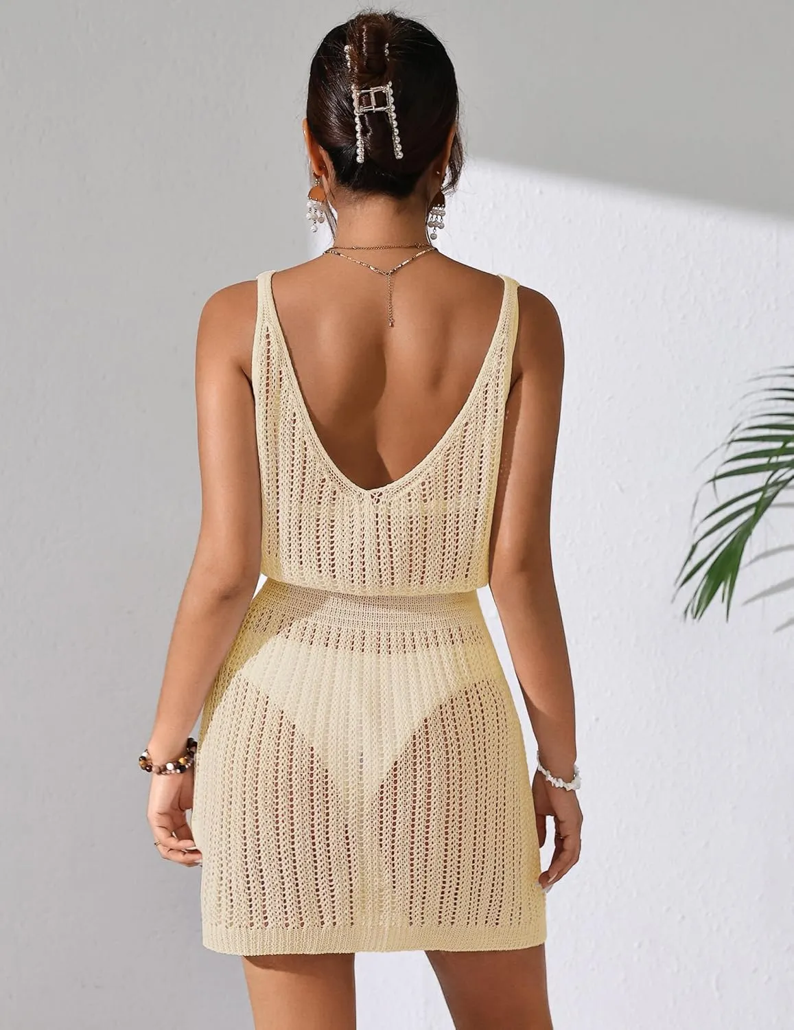 Womens Crochet Knit Waist Cinched Beach Coverup Mini Dress Summer 2025 Backless V Neck Bathing Suit Cover Up
