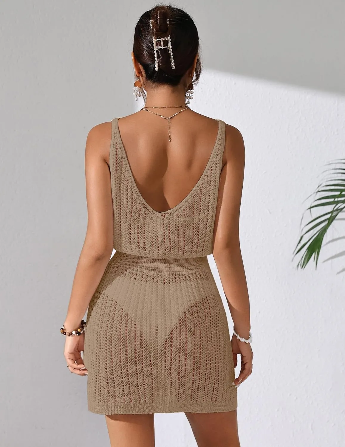Womens Crochet Knit Waist Cinched Beach Coverup Mini Dress Summer 2025 Backless V Neck Bathing Suit Cover Up