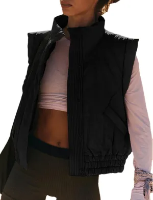 Women's Cropped Puffer Vest Lightweight Button Down Stand Collar Sleeveless Padded Gilet with Pockets