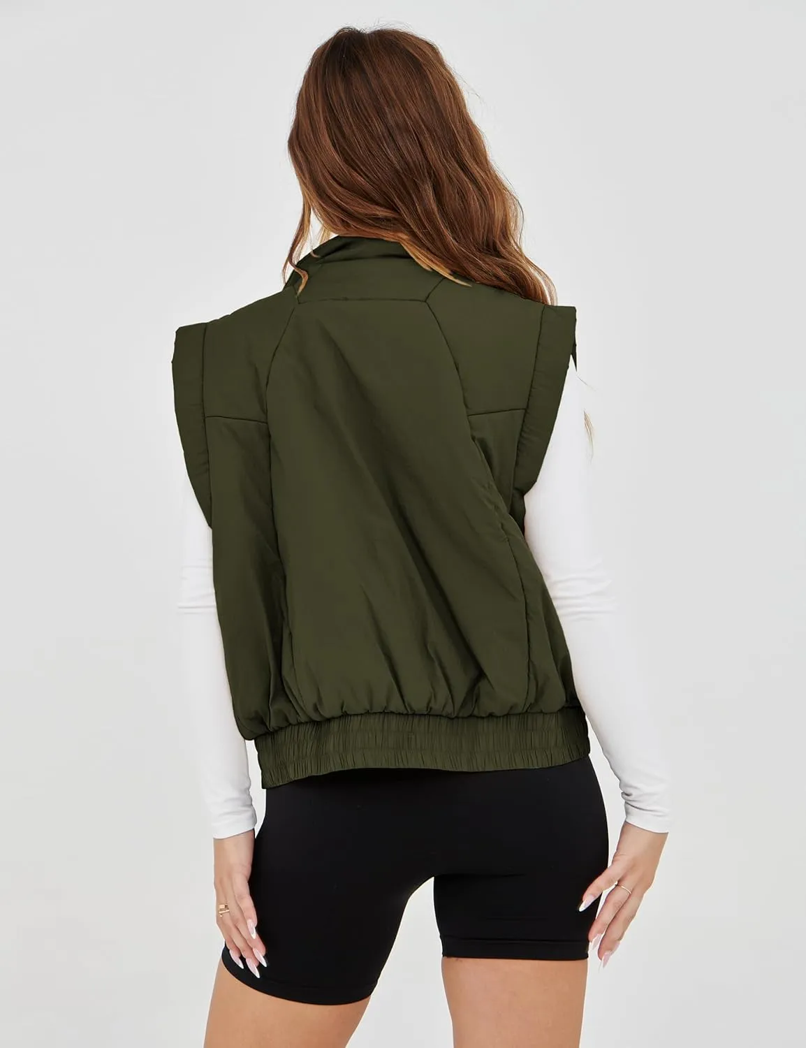 Women's Cropped Puffer Vest Lightweight Button Down Stand Collar Sleeveless Padded Gilet with Pockets
