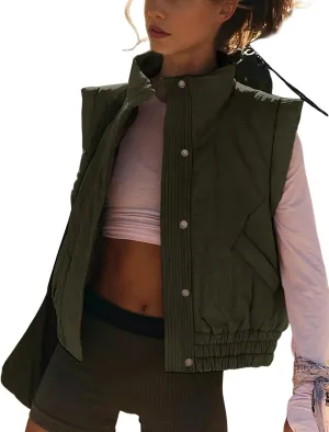 Women's Cropped Puffer Vest Lightweight Button Down Stand Collar Sleeveless Padded Gilet with Pockets