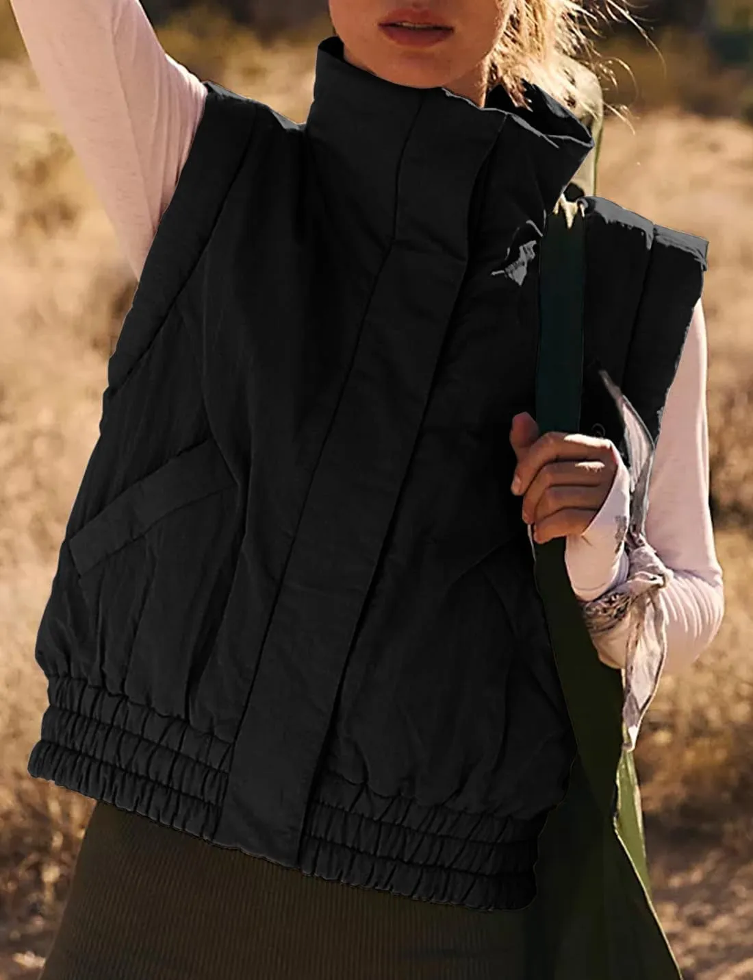 Women's Cropped Puffer Vest Lightweight Button Down Stand Collar Sleeveless Padded Gilet with Pockets