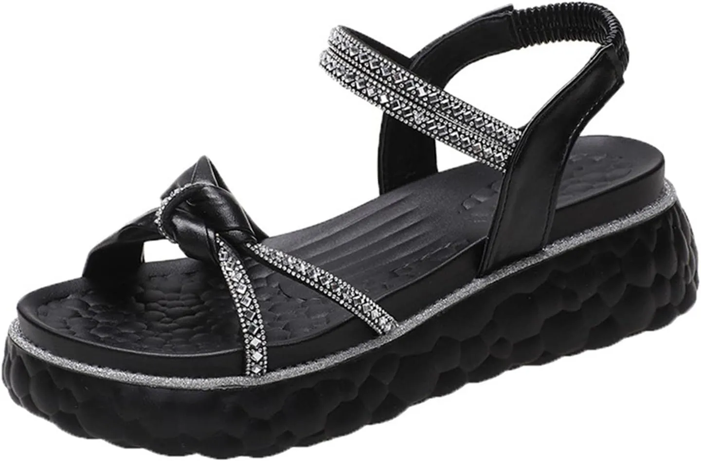 Women's Cross Bowknot Strappy Sandal Solid Rhinestone Embellished Stretch Shoe High Elastic Ankle Sandals