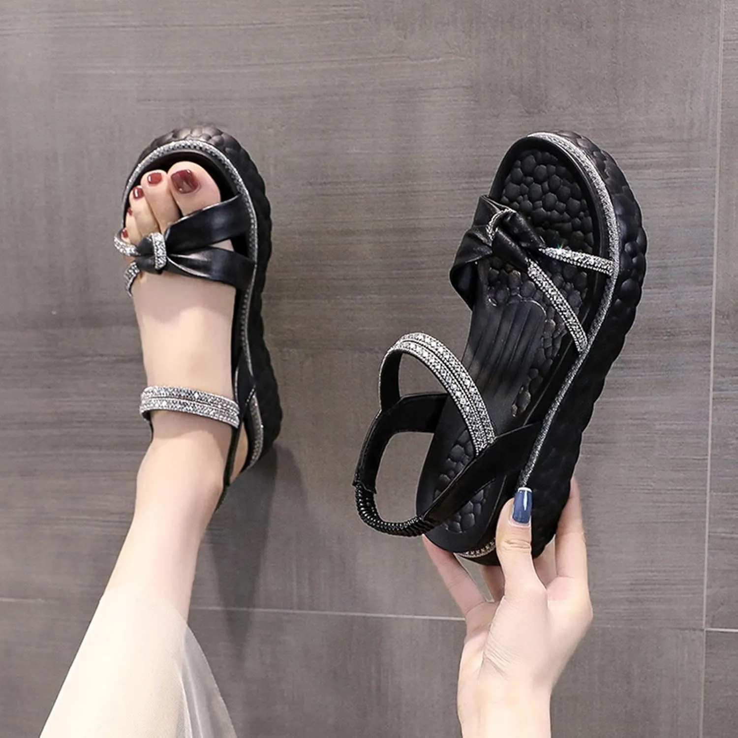 Women's Cross Bowknot Strappy Sandal Solid Rhinestone Embellished Stretch Shoe High Elastic Ankle Sandals