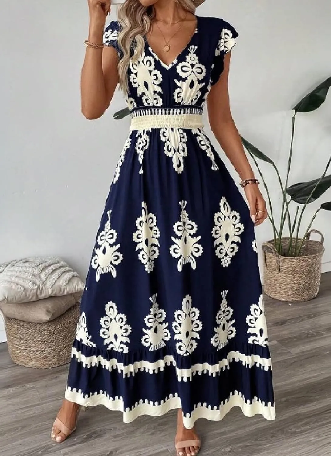 Women's Dresses V Neck Short Sleeve Print Maxi Dress Elegant Ruffled Hem A Line Boho Inspired Long Beach Dress