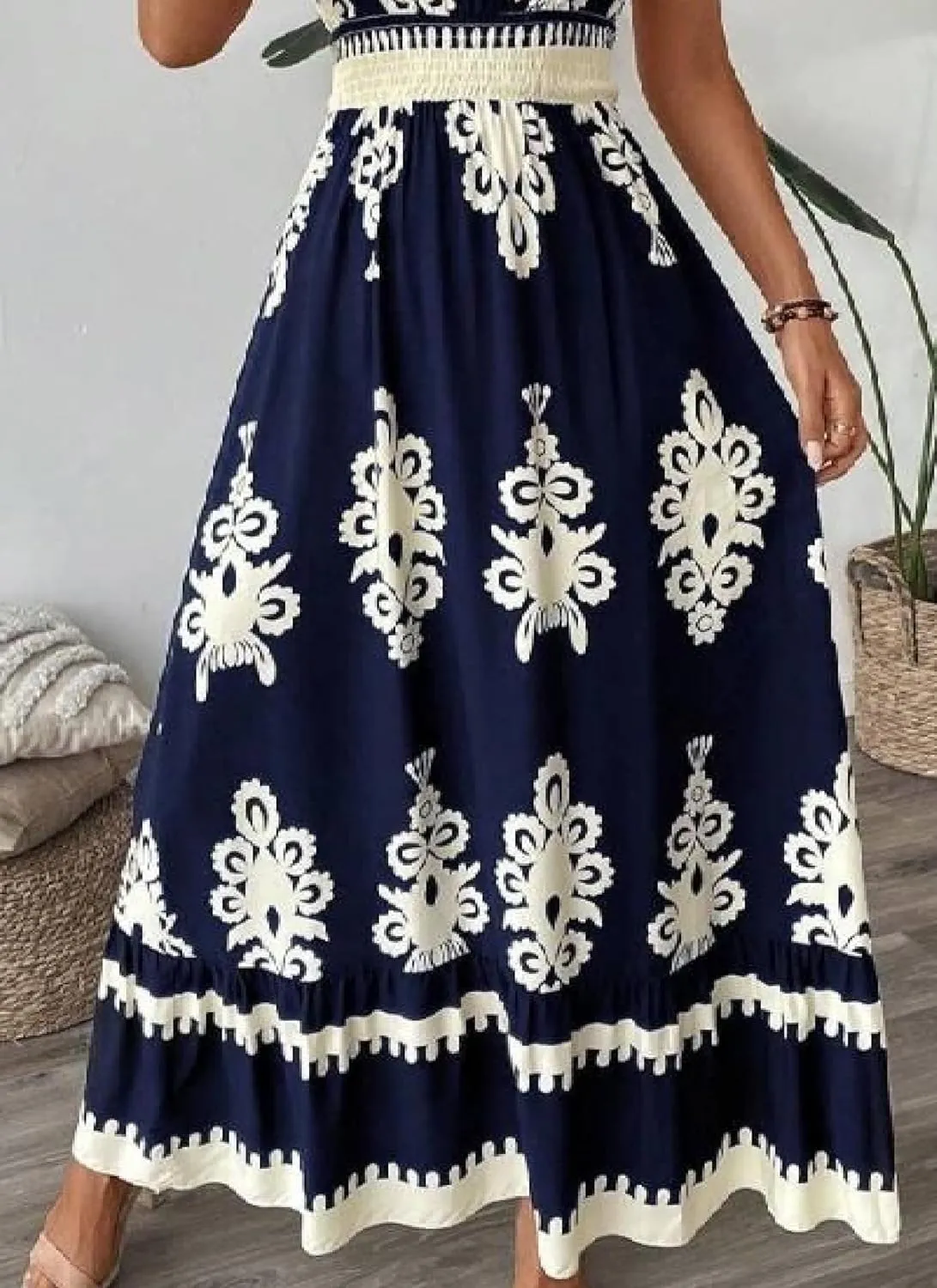 Women's Dresses V Neck Short Sleeve Print Maxi Dress Elegant Ruffled Hem A Line Boho Inspired Long Beach Dress
