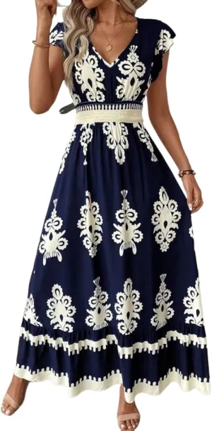 Women's Dresses V Neck Short Sleeve Print Maxi Dress Elegant Ruffled Hem A Line Boho Inspired Long Beach Dress