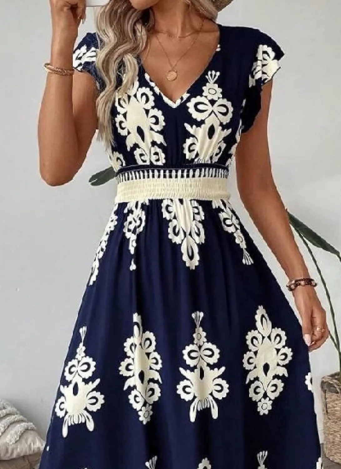 Women's Dresses V Neck Short Sleeve Print Maxi Dress Elegant Ruffled Hem A Line Boho Inspired Long Beach Dress