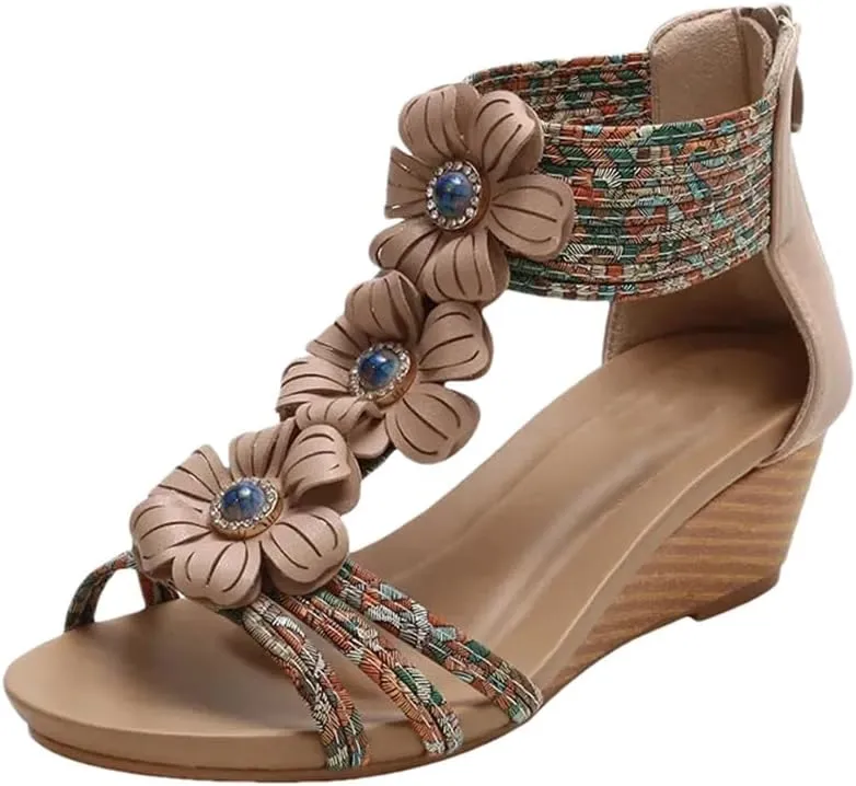 Women's Ethnic Style Wedges Sandals Bohemian Flower Comfy Walk High Shoes Bohemian Sandals