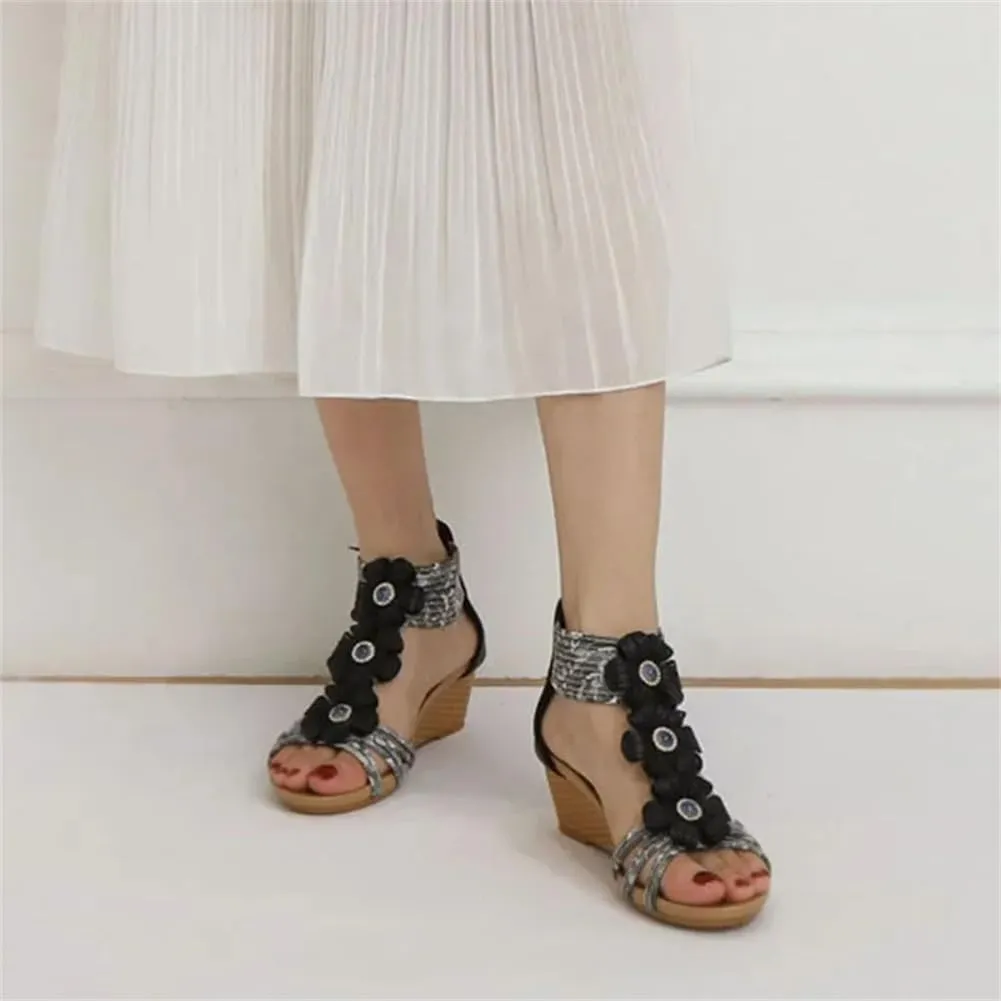 Women's Ethnic Style Wedges Sandals Bohemian Flower Comfy Walk High Shoes Bohemian Sandals