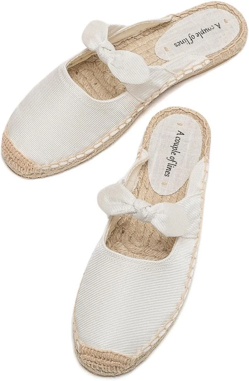 Women's Fashion Canvas Bow Espadrille Flat Mules Comfort Closed Round Toe Slip-On Backless Loafers Summer Casual Walking Slides