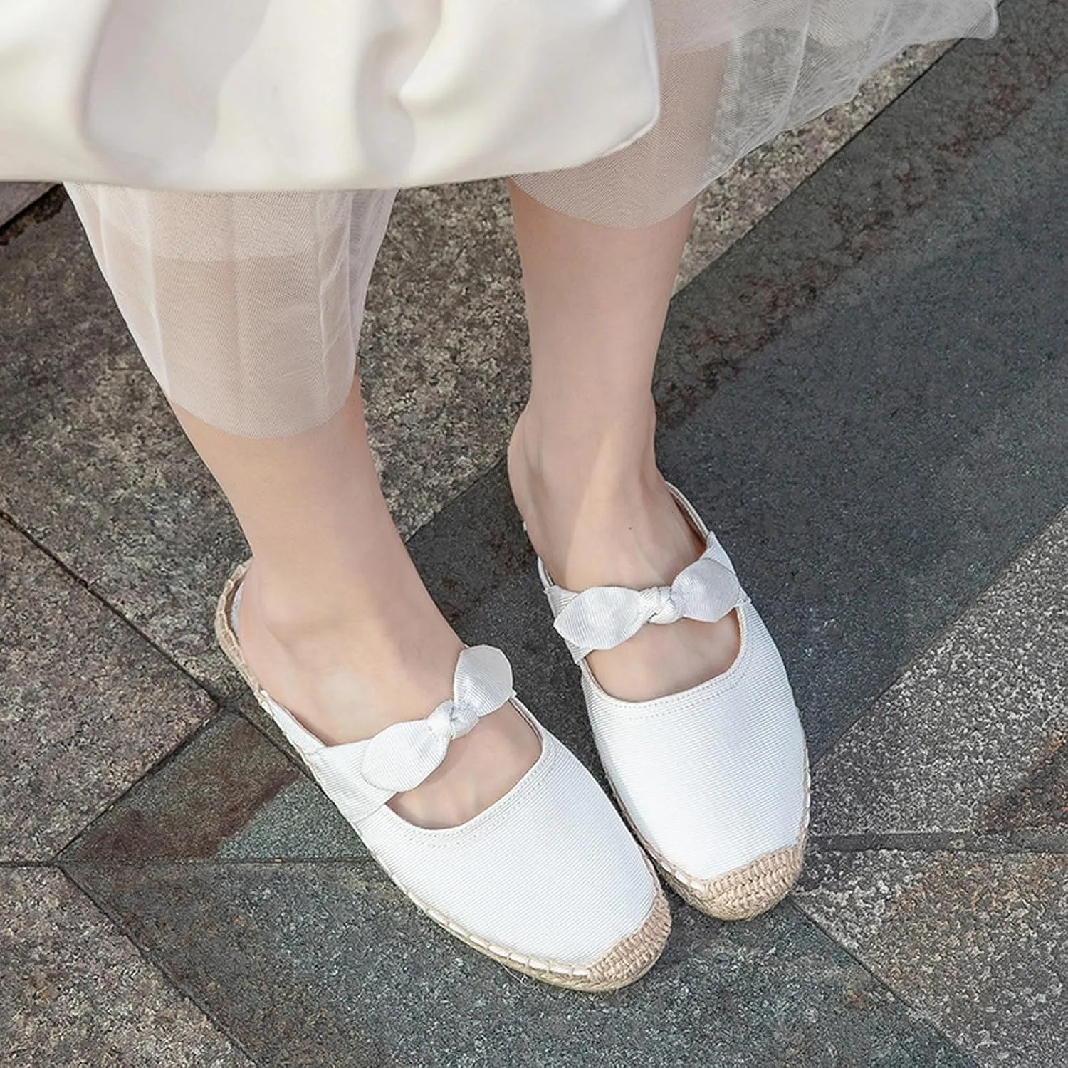 Women's Fashion Canvas Bow Espadrille Flat Mules Comfort Closed Round Toe Slip-On Backless Loafers Summer Casual Walking Slides