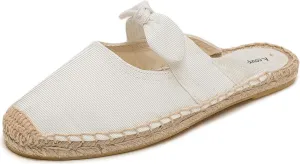 Women's Fashion Canvas Bow Espadrille Flat Mules Comfort Closed Round Toe Slip-On Backless Loafers Summer Casual Walking Slides