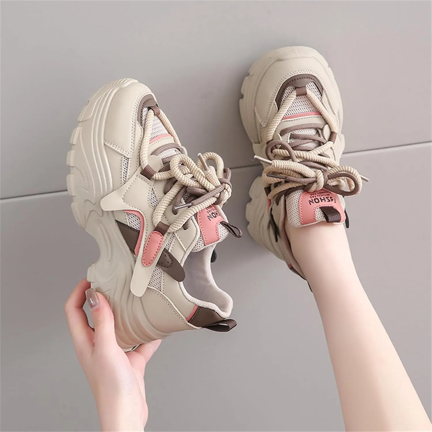 Womens Fashion Leather Lace Up Chunky Sneakers Lightweight Non-Slip Round Toe Walking Shoes Outdoor Sport Dad Shoes