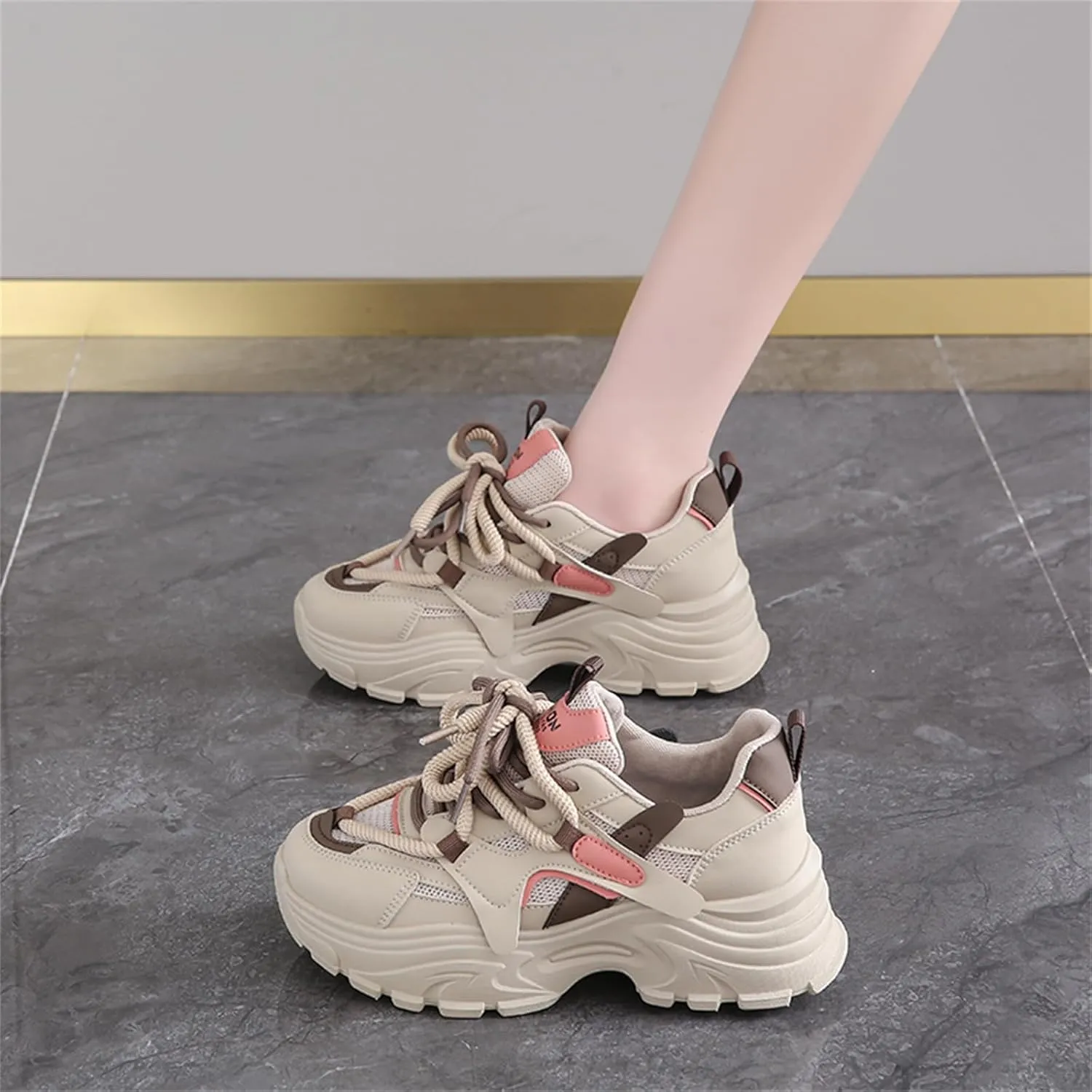 Womens Fashion Leather Lace Up Chunky Sneakers Lightweight Non-Slip Round Toe Walking Shoes Outdoor Sport Dad Shoes