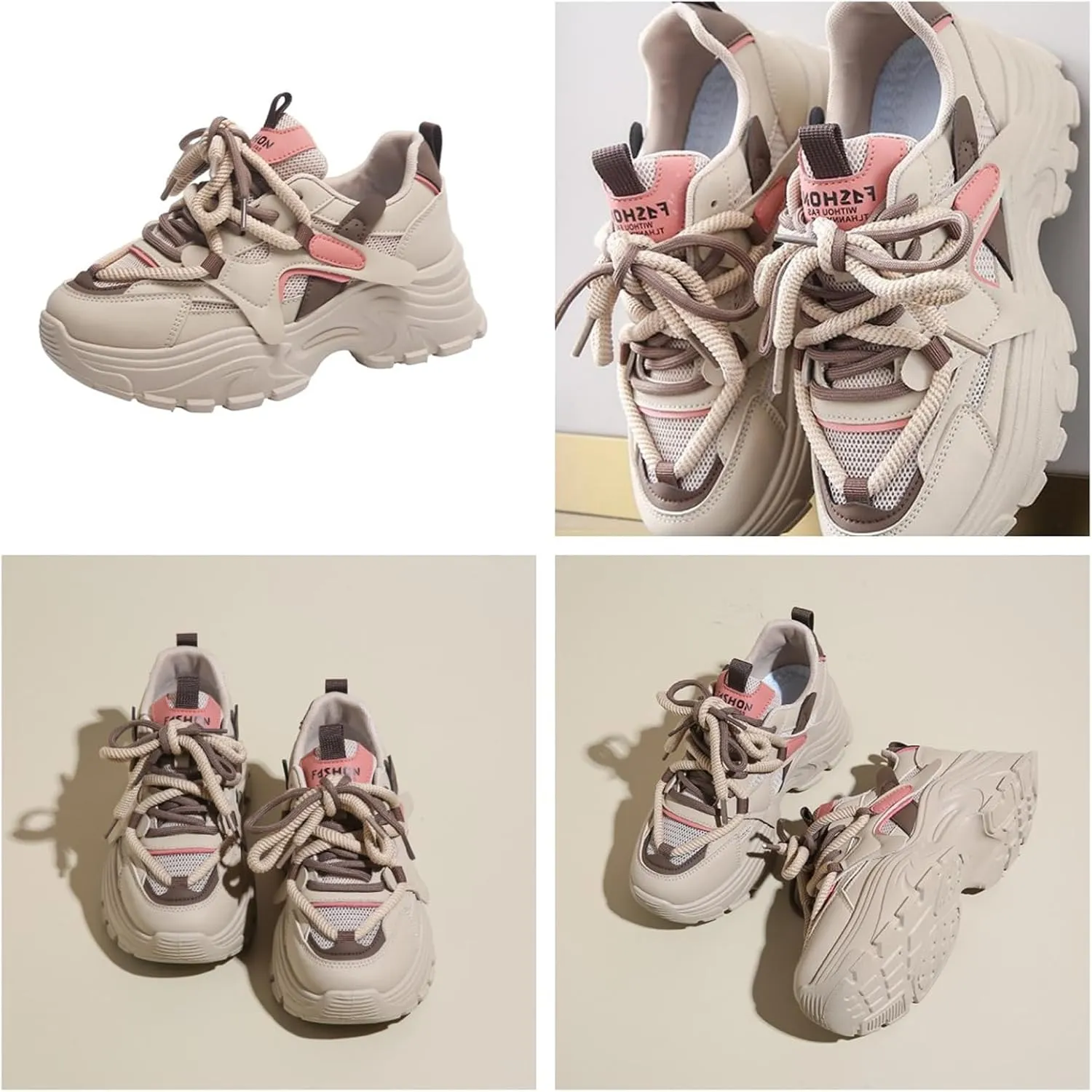 Womens Fashion Leather Lace Up Chunky Sneakers Lightweight Non-Slip Round Toe Walking Shoes Outdoor Sport Dad Shoes