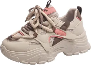 Womens Fashion Leather Lace Up Chunky Sneakers Lightweight Non-Slip Round Toe Walking Shoes Outdoor Sport Dad Shoes