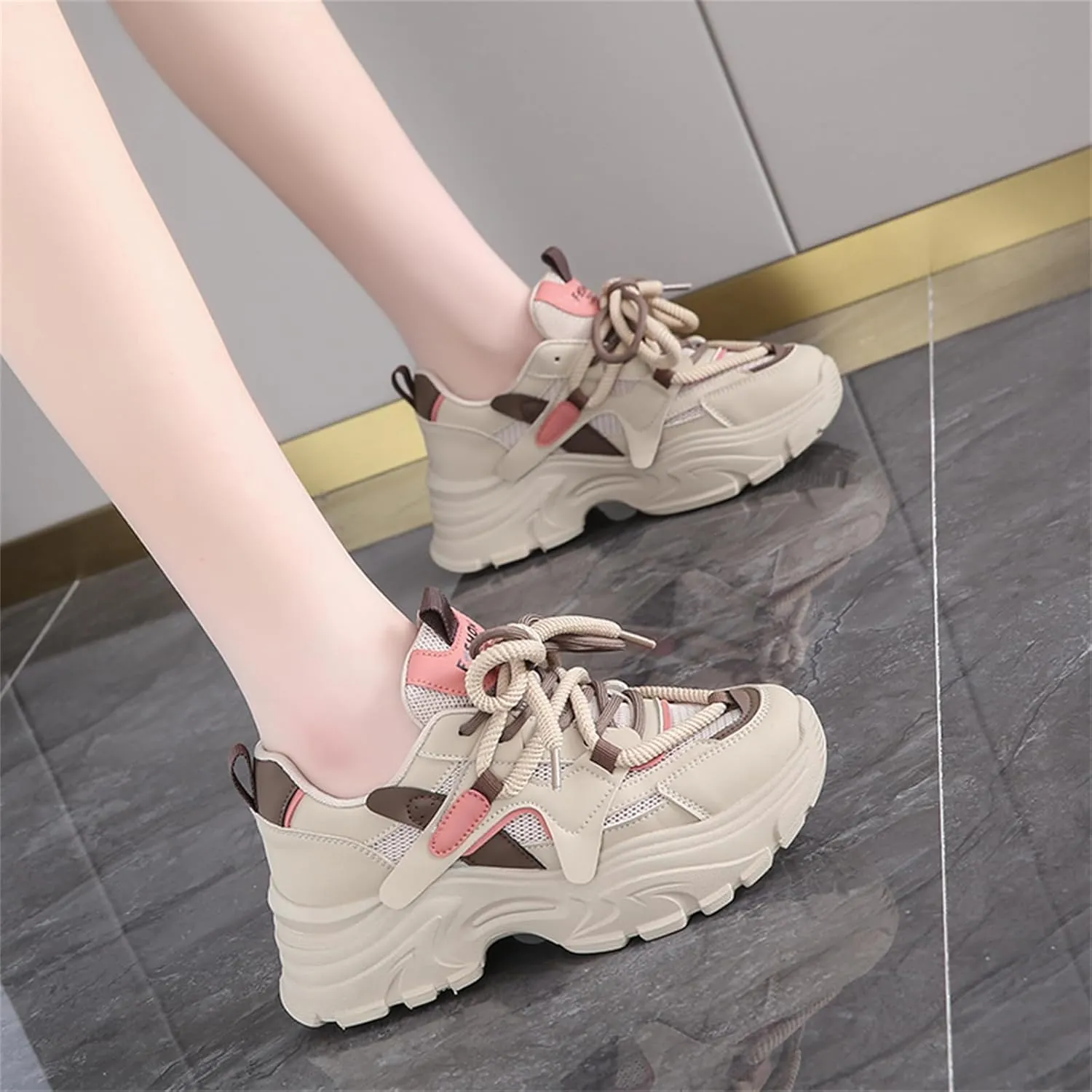 Womens Fashion Leather Lace Up Chunky Sneakers Lightweight Non-Slip Round Toe Walking Shoes Outdoor Sport Dad Shoes