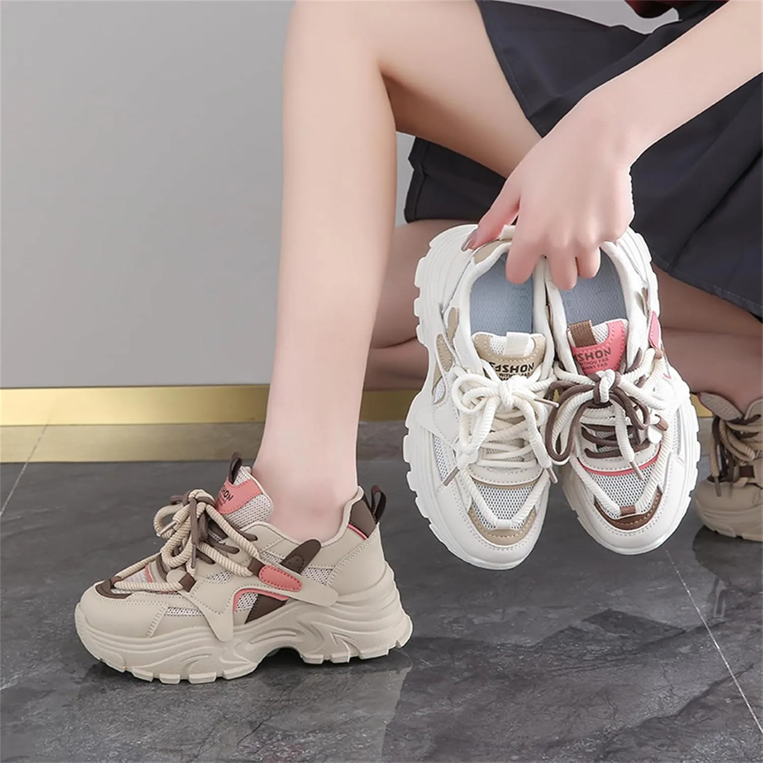Womens Fashion Leather Lace Up Chunky Sneakers Lightweight Non-Slip Round Toe Walking Shoes Outdoor Sport Dad Shoes
